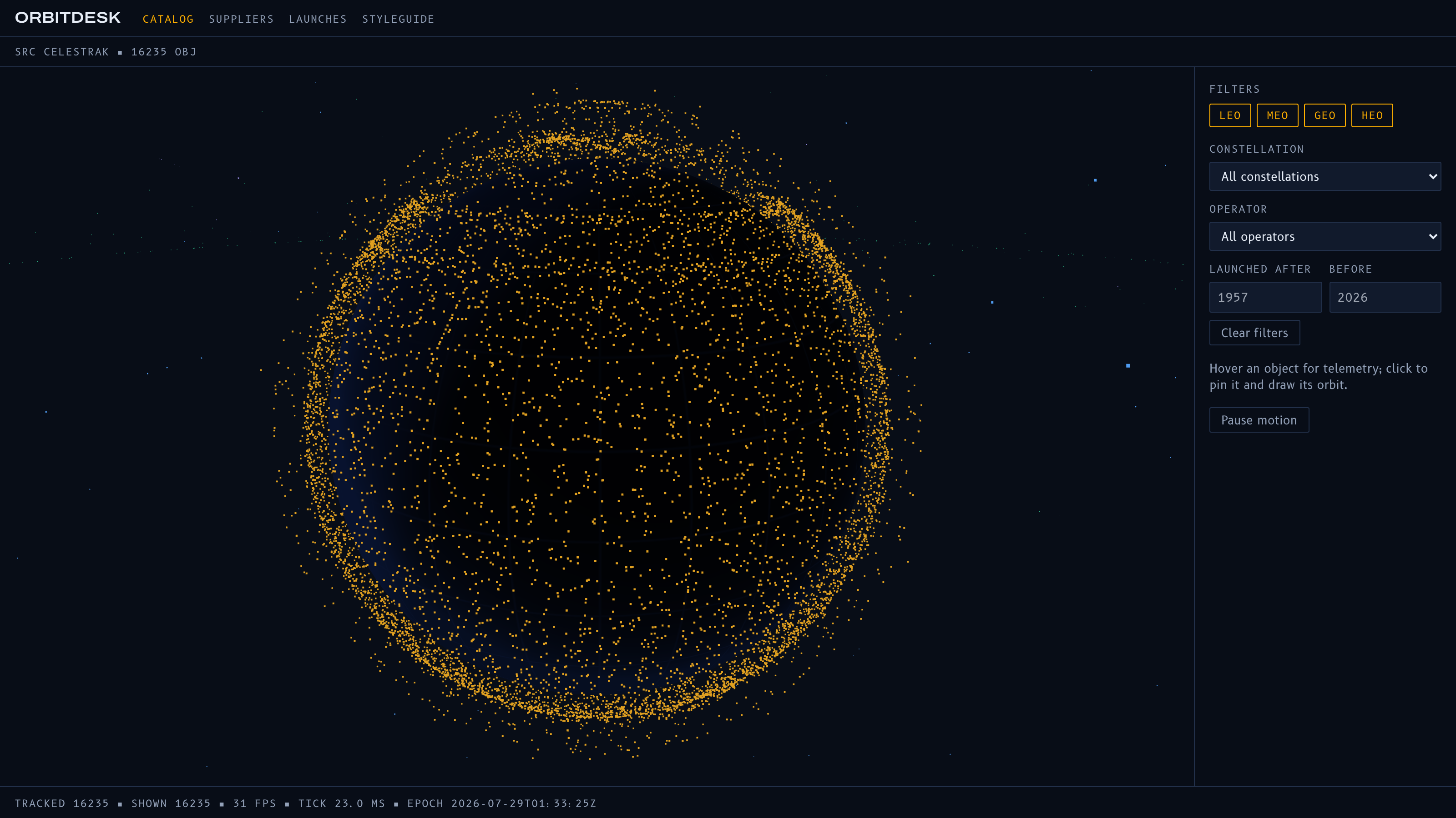 OrbitDesk terminal showing a 3D globe with thousands of tracked orbital objects alongside supplier and launch market panels